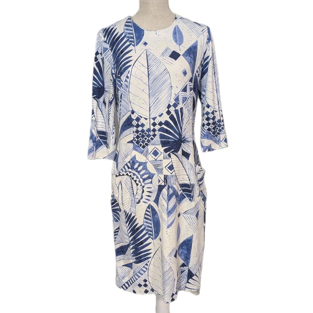 J. McLaughlin Dress Medium Catalina Cloth Catalyst Blue White Leaf Preppy Travel